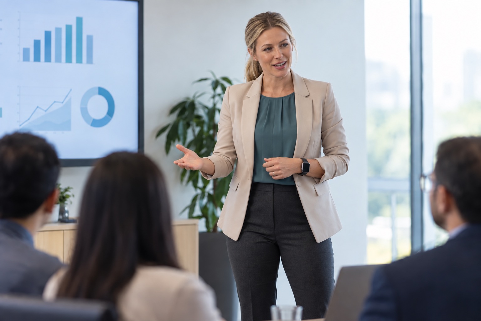 A presenter speaking to colleagues in a meeting room
